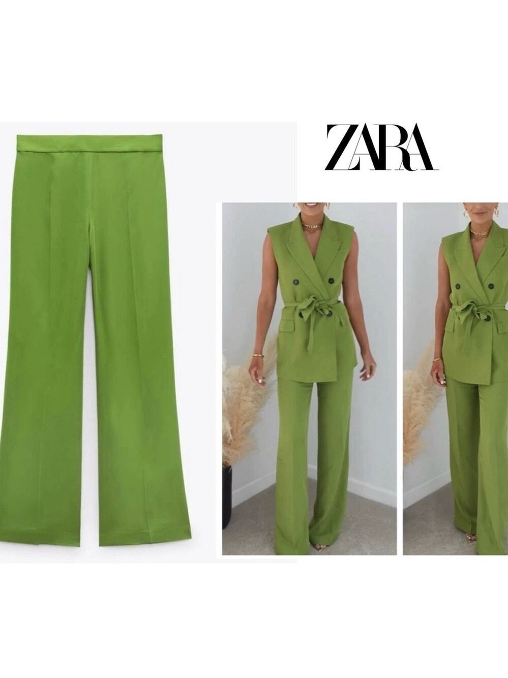 Zara Green flowy straight leg high-rise trouser dress pants Sz XS NWOT classy